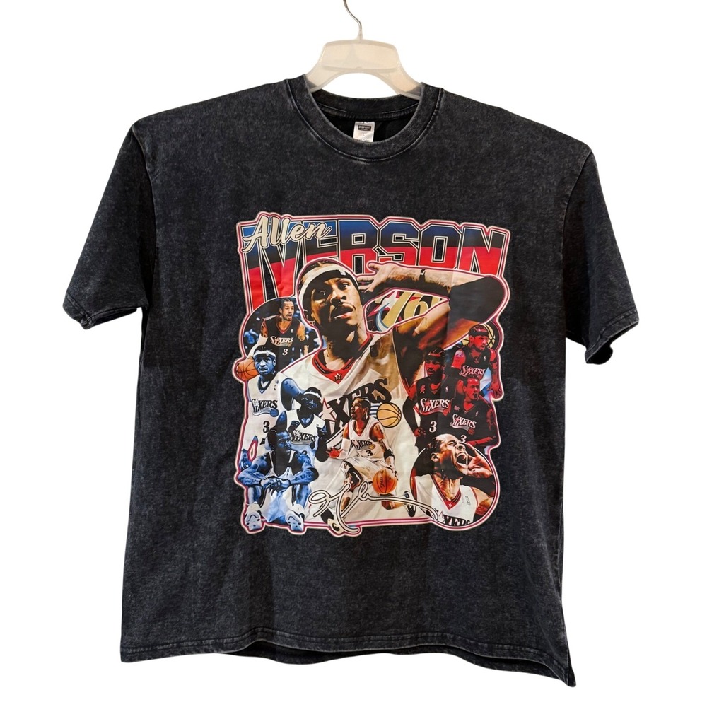 NWOT Allen Iverson Philadelphia 76ers Acid Wash Graphic Tee Mens Black Cotton  L